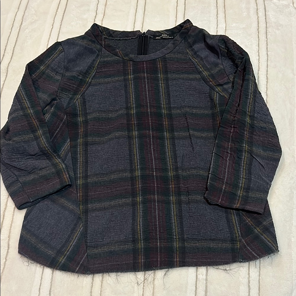 Zara Blue and Green Blouse with Relaxed Fit and Cropped Sleeves